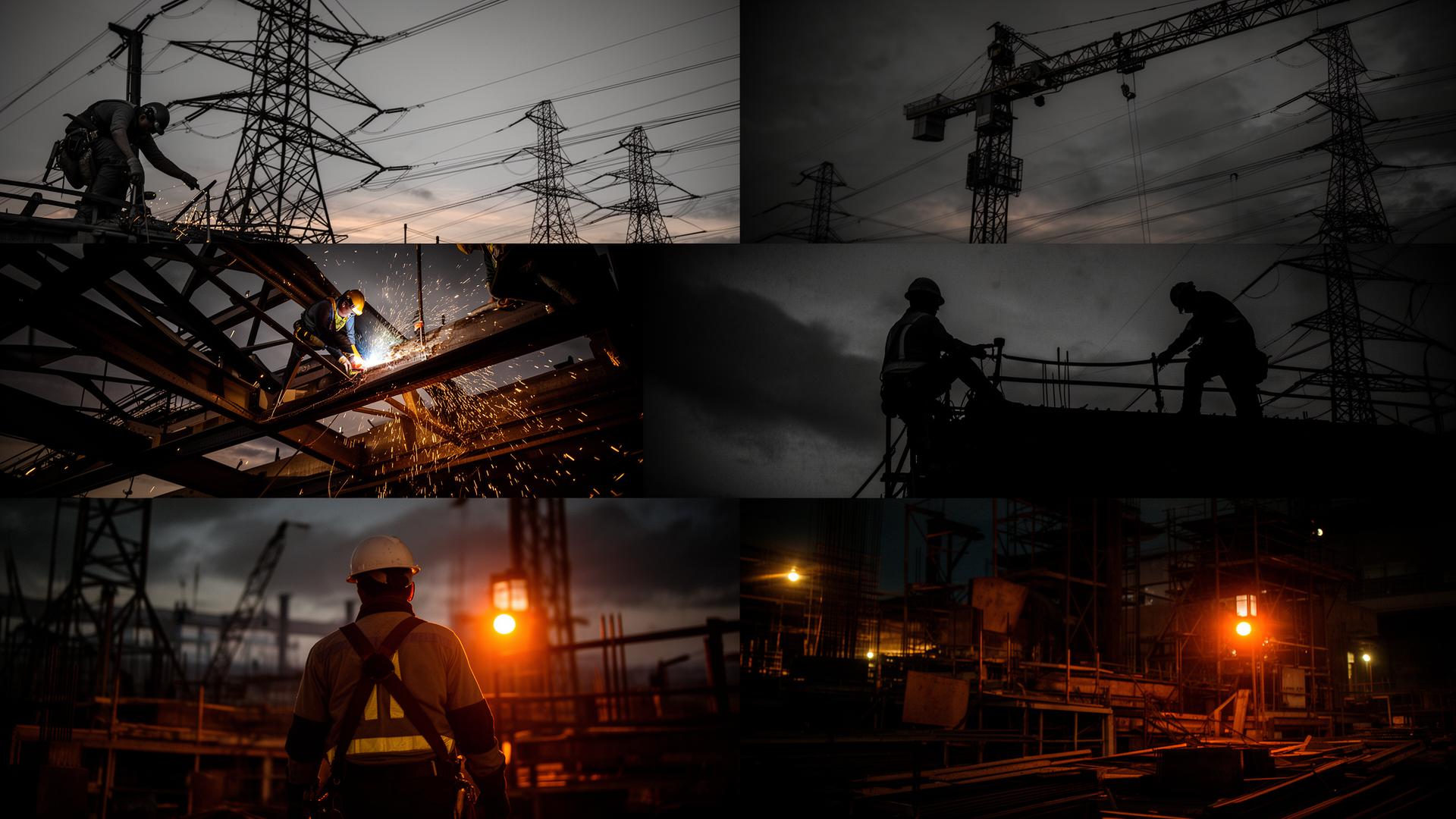 Tradesmen at work — welders, ironworkers, power lines, cranes